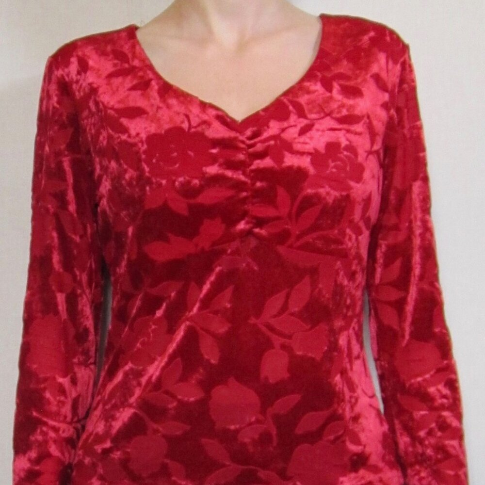 Vintage Red Velvet Floral Blouse
